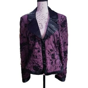 JS Collections Purple Black Floral Velvet Mesh Jacket Womens Size 10 Satin Lace
